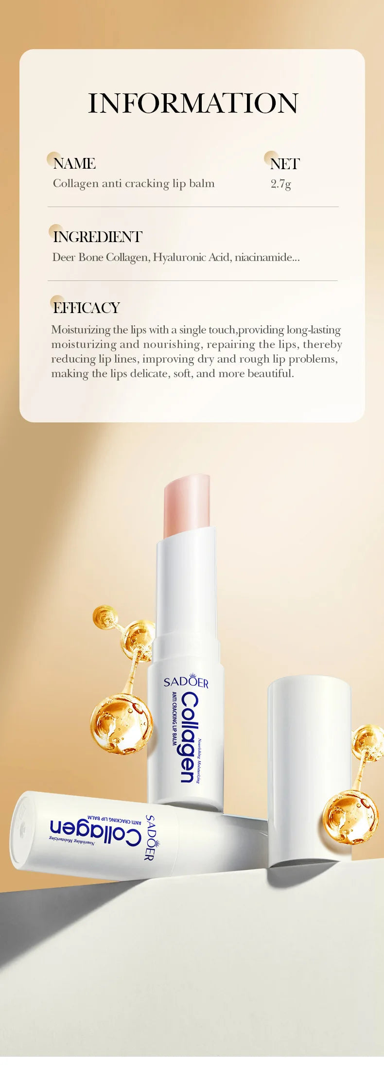 SADOER Collagen Lip Balm Moisturizing Anti Cracking Brightening Repair Nourishing Hydrating Lipstick Lips Skin Care Products