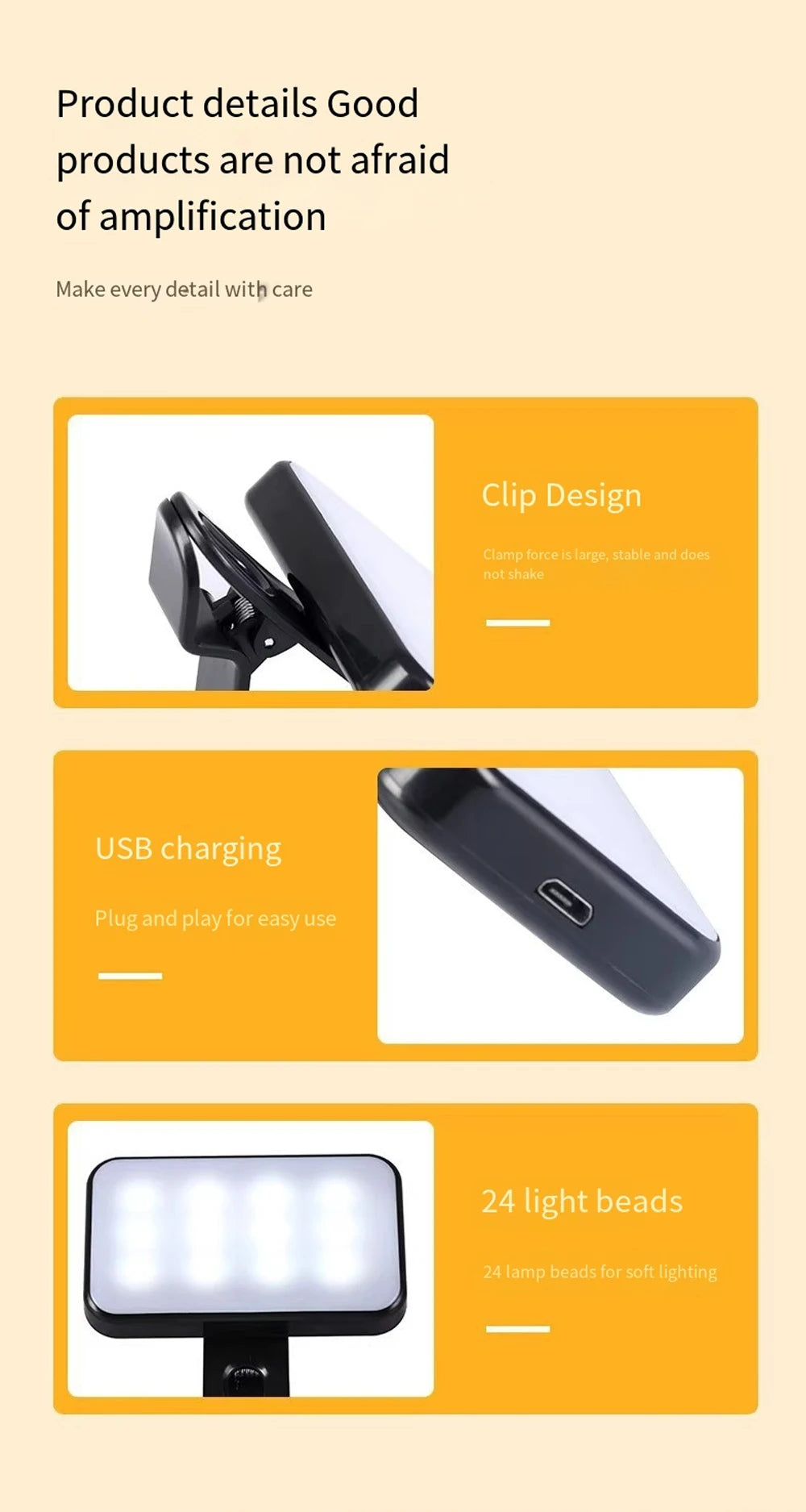 Portable Mini Selfie Fill Light Rechargeable Clip 3 Modes Adjustable Brightness On For Phone Laptop Tablet Meeting Make Up 