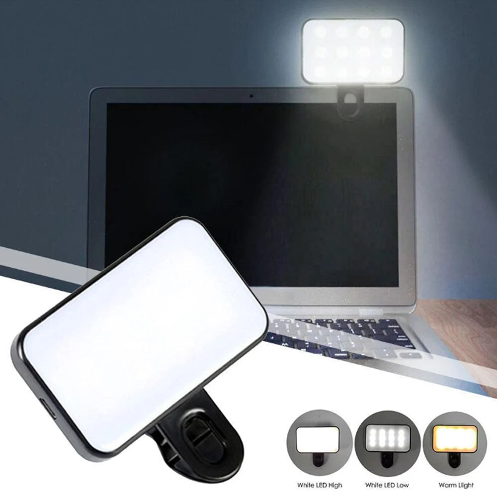 Portable Mini Selfie Fill Light Rechargeable Clip 3 Modes Adjustable Brightness On For Phone Laptop Tablet Meeting Make Up 