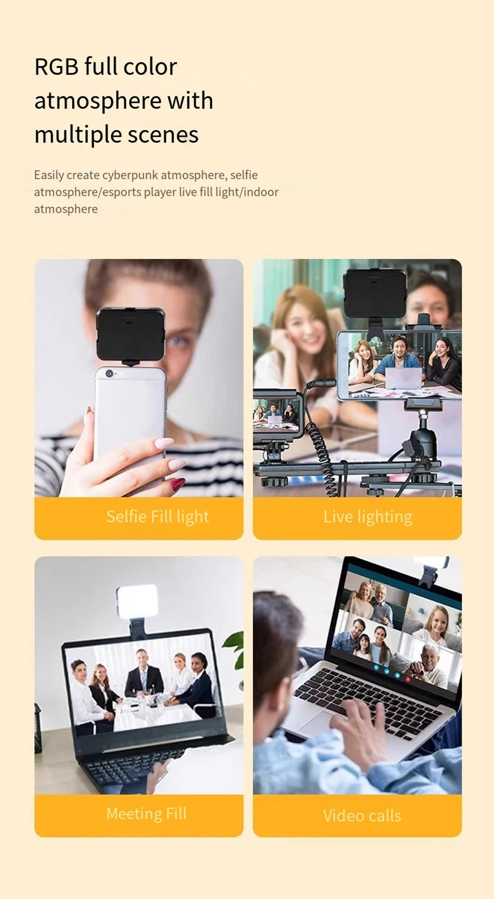 Portable Mini Selfie Fill Light Rechargeable Clip 3 Modes Adjustable Brightness On For Phone Laptop Tablet Meeting Make Up 