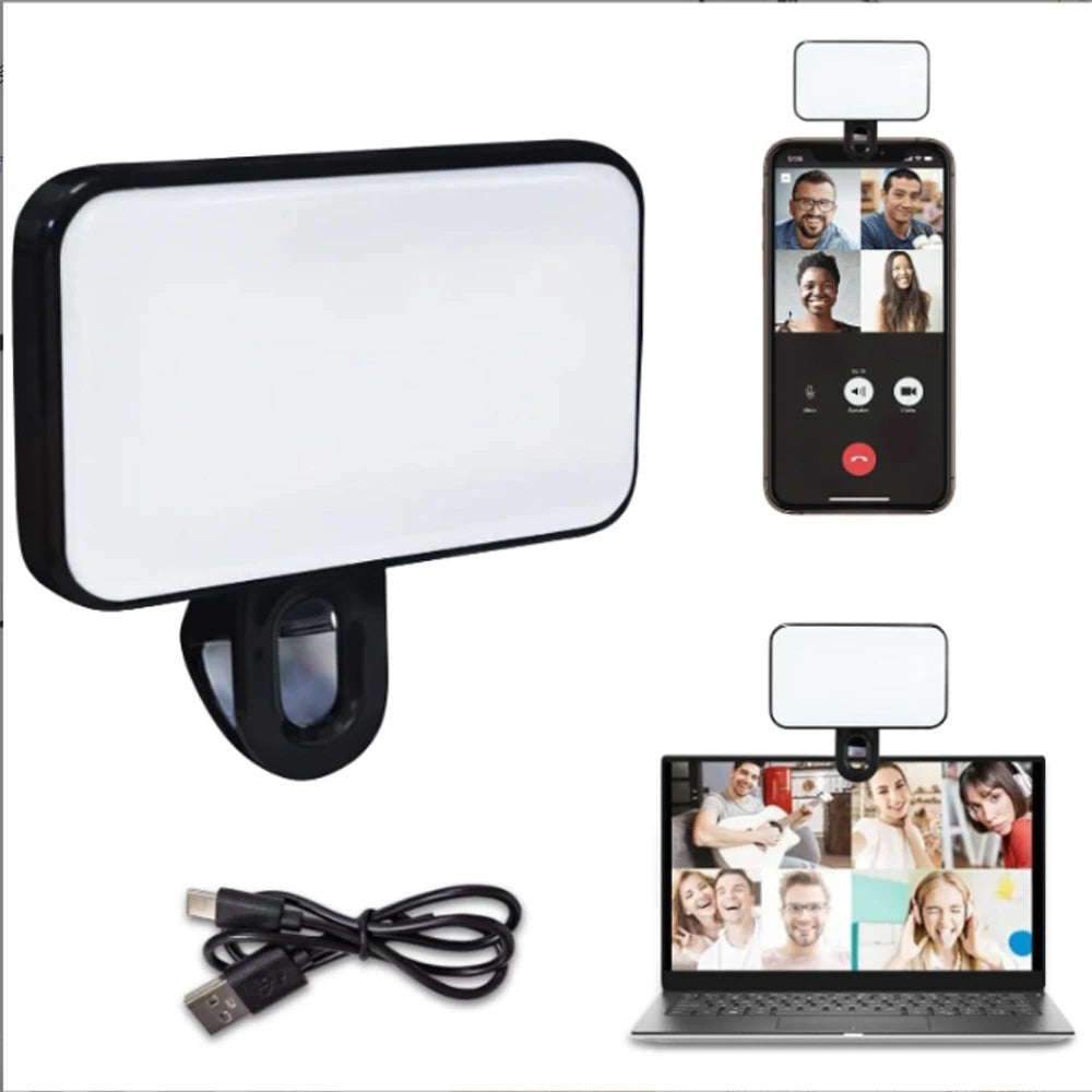 Portable Mini Selfie Fill Light Rechargeable Clip 3 Modes Adjustable Brightness On For Phone Laptop Tablet Meeting Make Up 