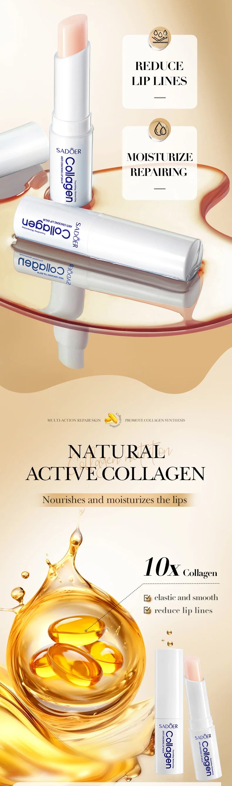 SADOER Collagen Lip Balm Moisturizing Anti Cracking Brightening Repair Nourishing Hydrating Lipstick Lips Skin Care Products