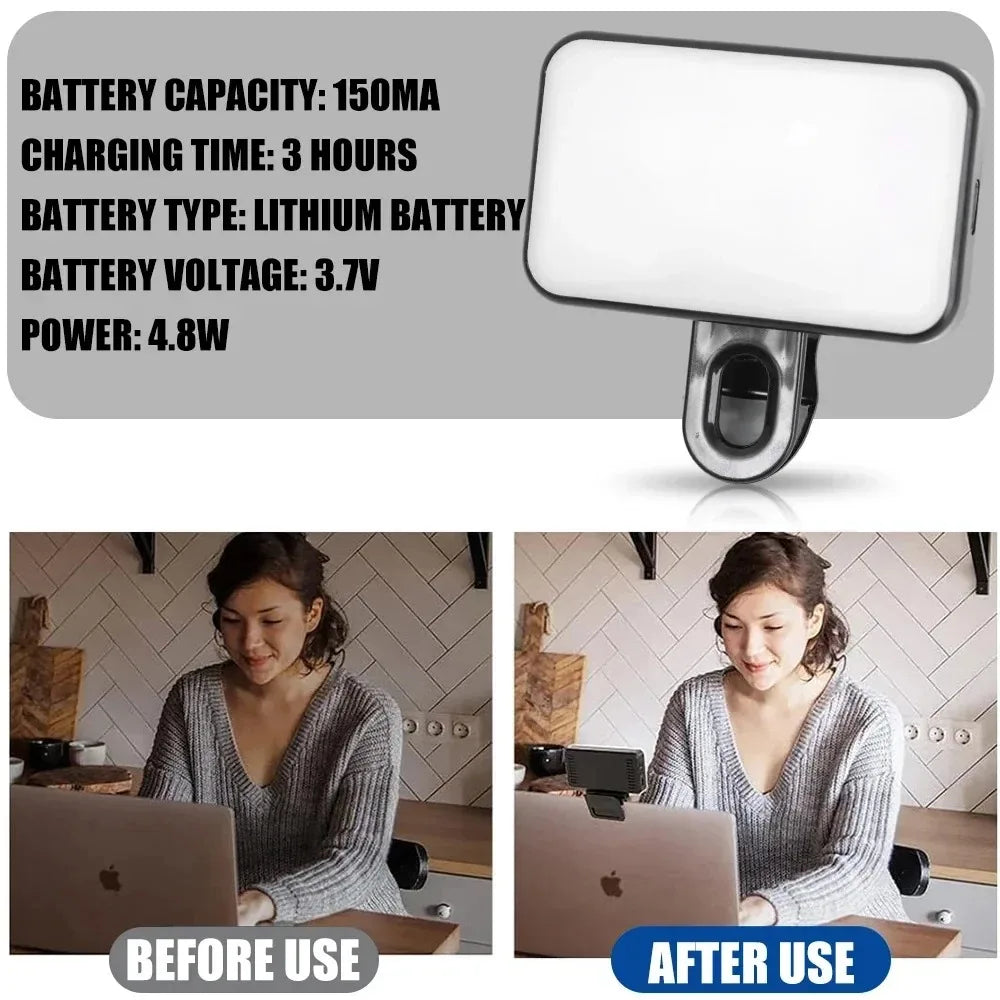 Portable Mini Selfie Fill Light Rechargeable Clip 3 Modes Adjustable Brightness On For Phone Laptop Tablet Meeting Make Up 