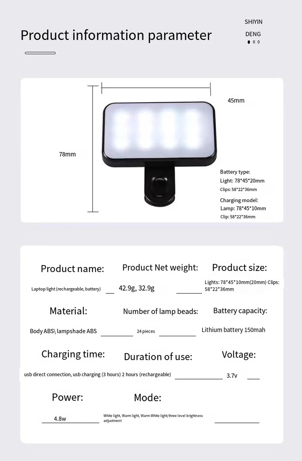 Portable Mini Selfie Fill Light Rechargeable Clip 3 Modes Adjustable Brightness On For Phone Laptop Tablet Meeting Make Up 