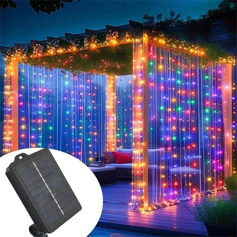 Curtain String Lights Solar Outdoor 8 Lighting Modes LED Light for Garden Wedding Christmas New Year Home Inner Court Decoration