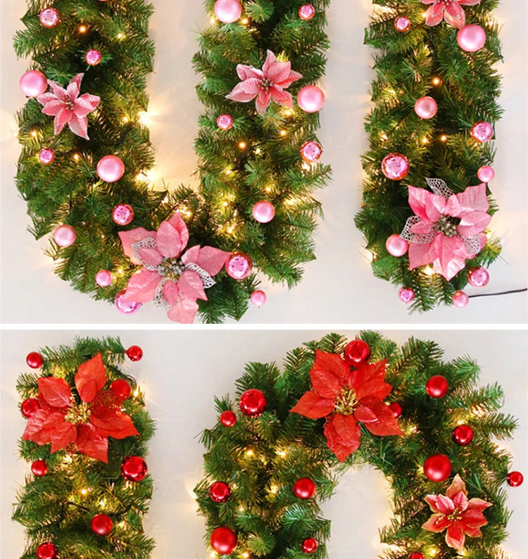2.7m Luxury Christmas LED Cane Wreath Decoration With Lanterns Green Artificial Christmas Tree Banner Party New Year's door Wrea