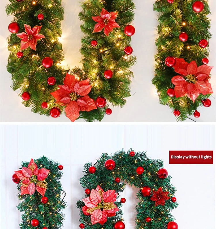 2.7m Luxury Christmas LED Cane Wreath Decoration With Lanterns Green Artificial Christmas Tree Banner Party New Year's door Wrea