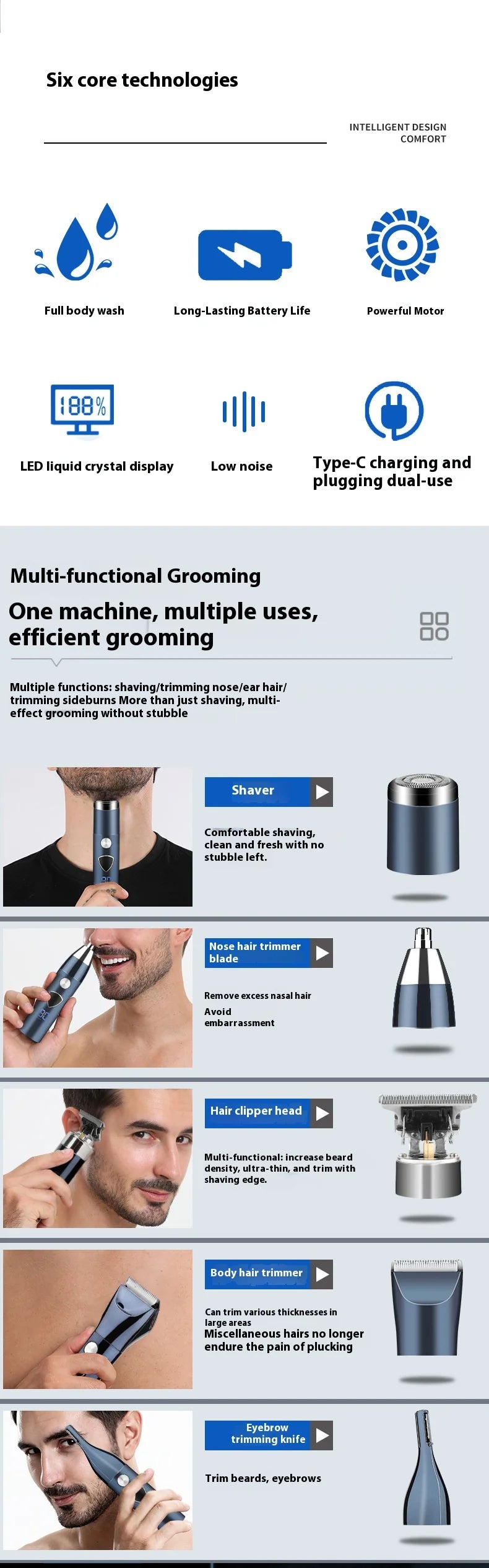 Men's 5-in-1 Electric Body Hair Trimmer Professional Hygienic Beauty Razor Shaver for Face Ear Nose - Professional Hair Trimmer