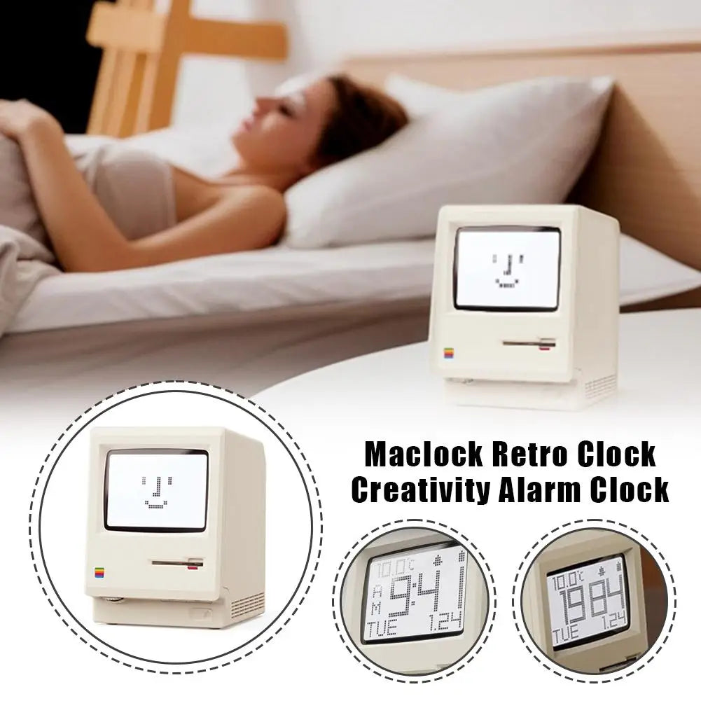 Retro Macintosh Shaped LCD Electronic Alarm Clock with Backlight Desktop Calendar Digital Thermometer Clock Snooze Table Clock