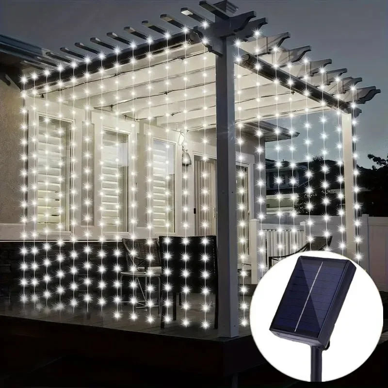 Curtain String Lights Solar Outdoor 8 Lighting Modes LED Light for Garden Wedding Christmas New Year Home Inner Court Decoration