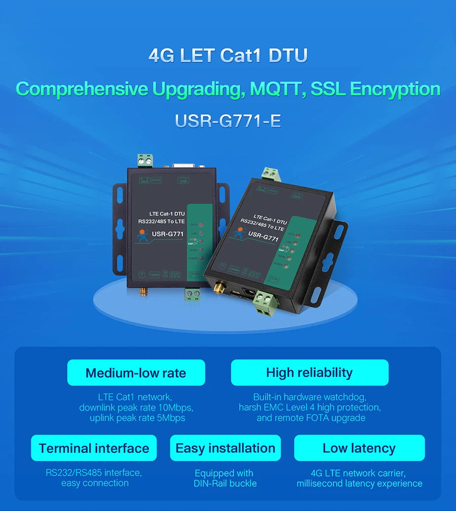 Serial Port RS232 RS485 To GSM 4G LTE CAT1 Converter Model Support MQTT HTTP G771-E