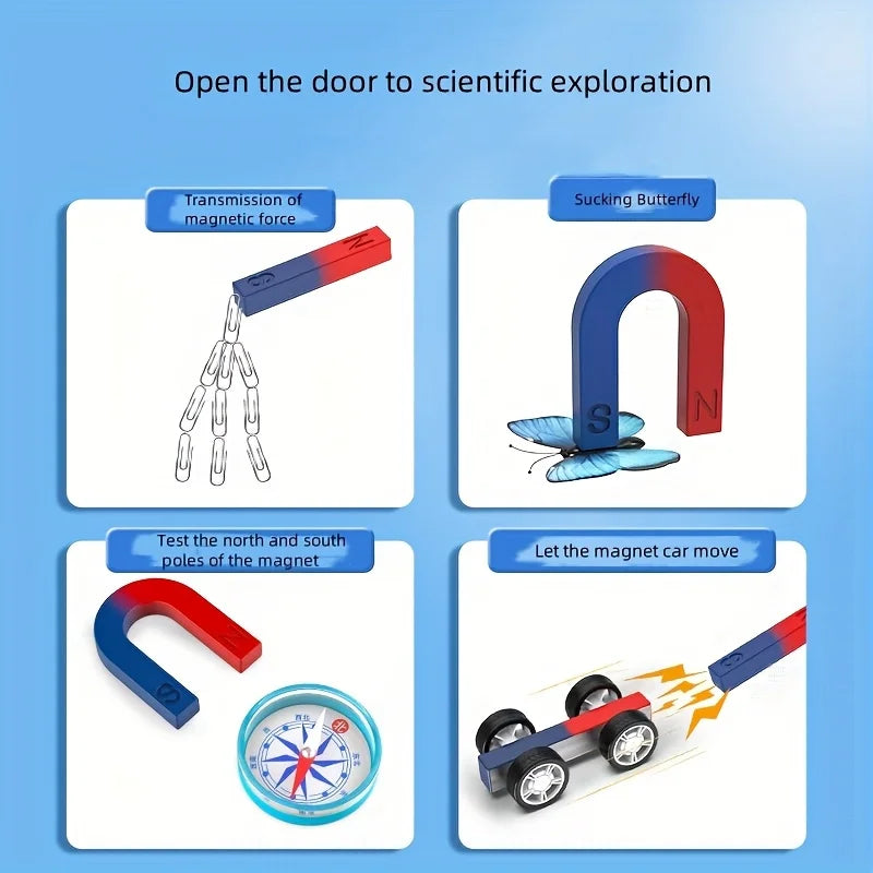 Complete Physics Science Magnet Kit Set For Kids STEM Educational Experiments With Bar Ring Horseshoe U Shape Magnets Compass