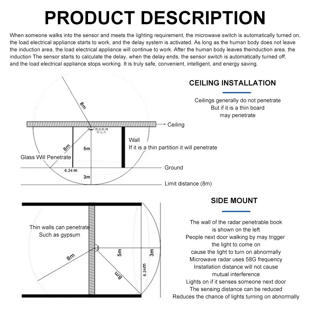 5.8GHz Microwave Doppler Radar Sensor Switch AC 220V-240V Motion Sensor Module High Sensitivity Body Induction Detector Sensor