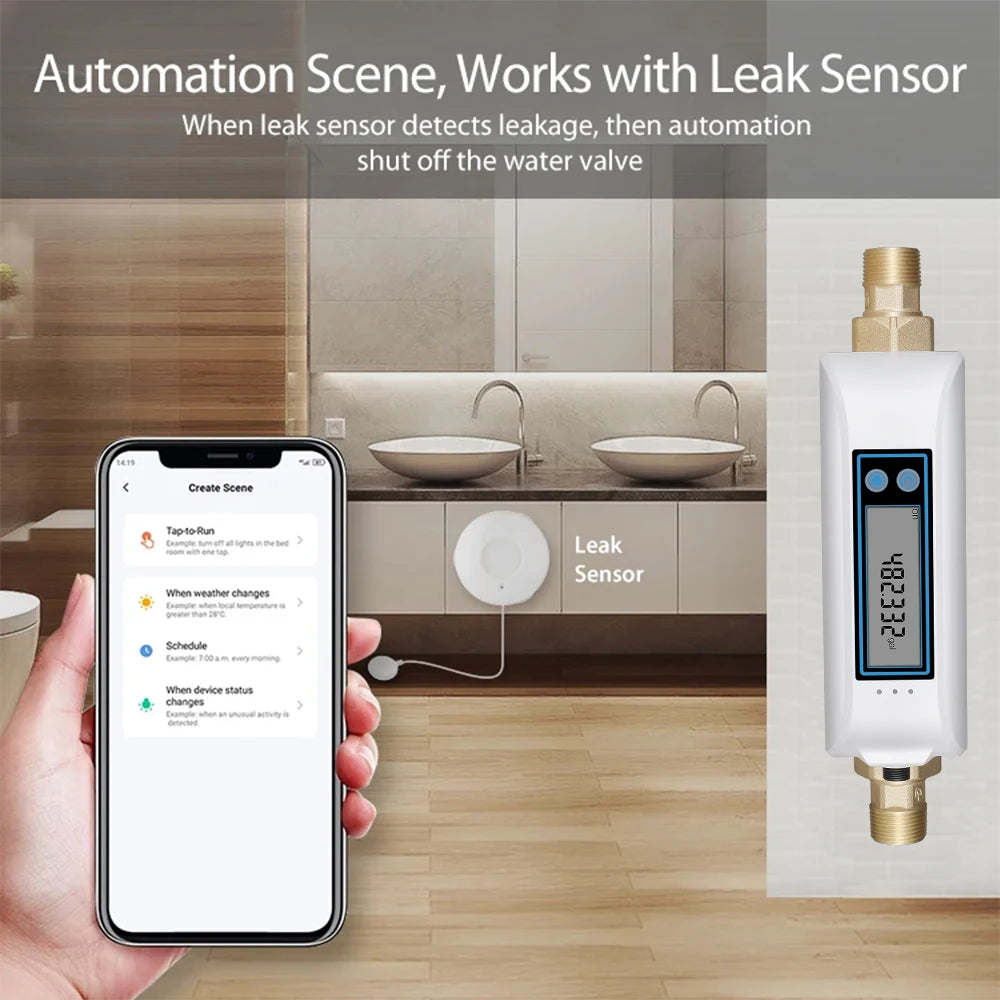 Haozee Tuya Smart WiFi Water Valve Shutoff Water Flow Meter Built in Rechargable Battery for DN20 3/4-Inch Diameter Pipe