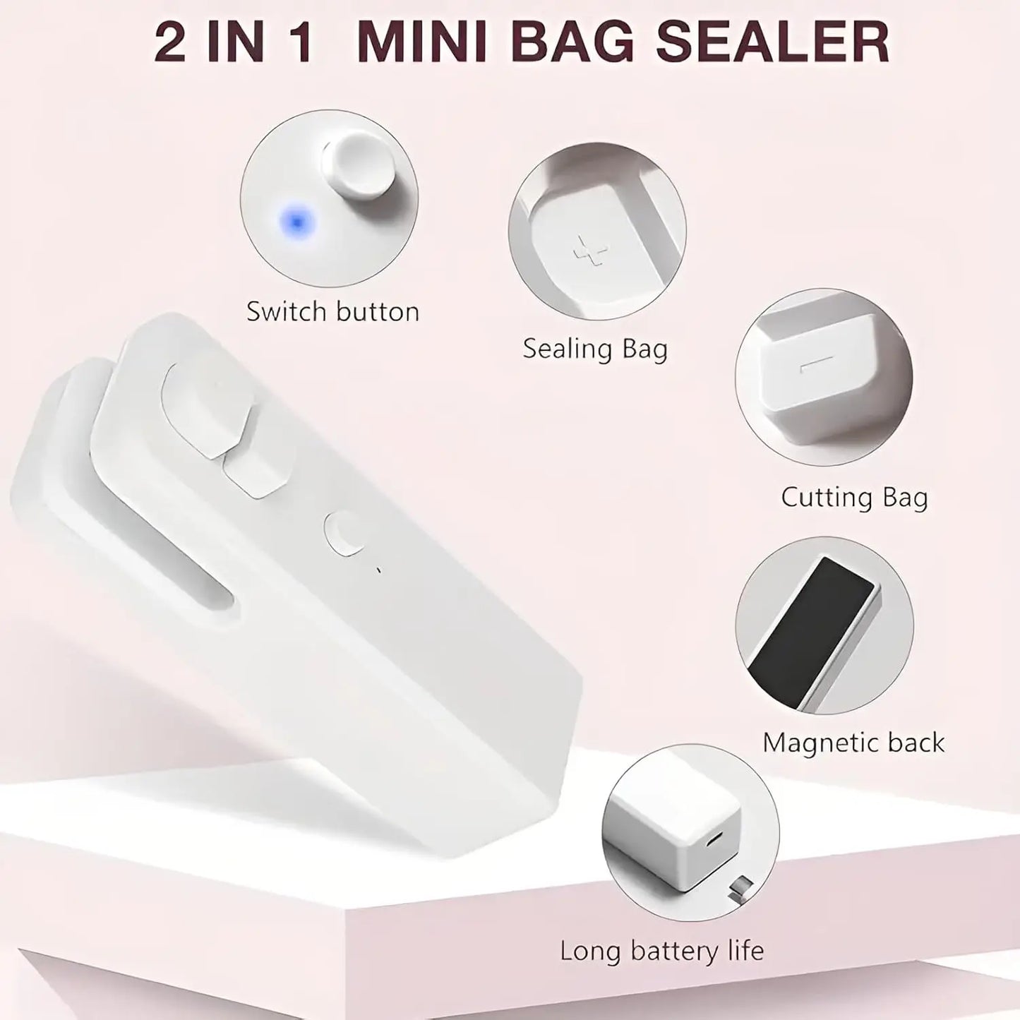 Home Use Rechargeable 2 in1 Bag Sealer Cutter with Magnetic Electric Food Cut and Seal Tool Machine for Tea Chip Bag Heat Reseal