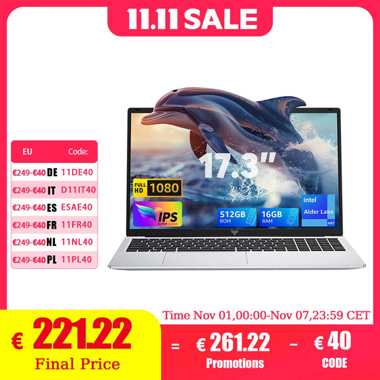 ACEMAGIC Laptop 17.3” FHD Laptop Intel Alder Lake N97 16GB RAM 512GB SSD Windows 11 Pro Notebook 180° Flip Computer Wifi5 BT5.0