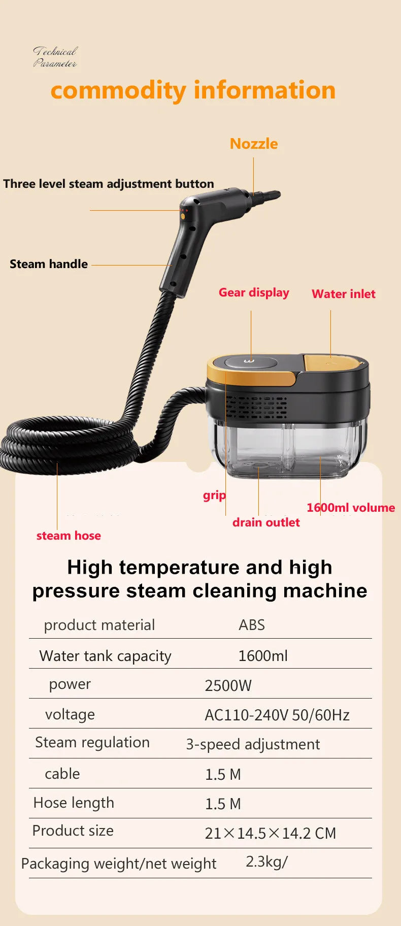 1.6L Handheld Steam Cleaner for Home, Multi-Purpose Portable Steamer for Floors, Tiles, Grout, Carpet, Windows 2500W Powerful