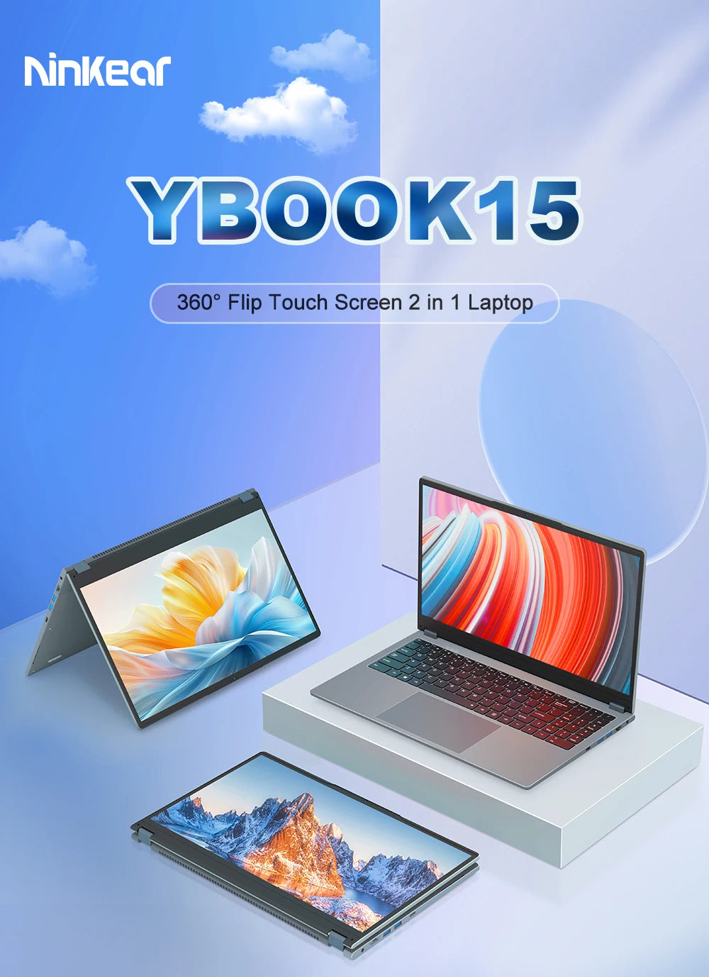 Ninkear YBOOK15 2 in 1 Laptop 360° flip 15.6' FHD IPS Touch Screen Tablet AMD Ryzen™ 3 3200U 16G DDR4+512GB SSD Windows 11 Pro