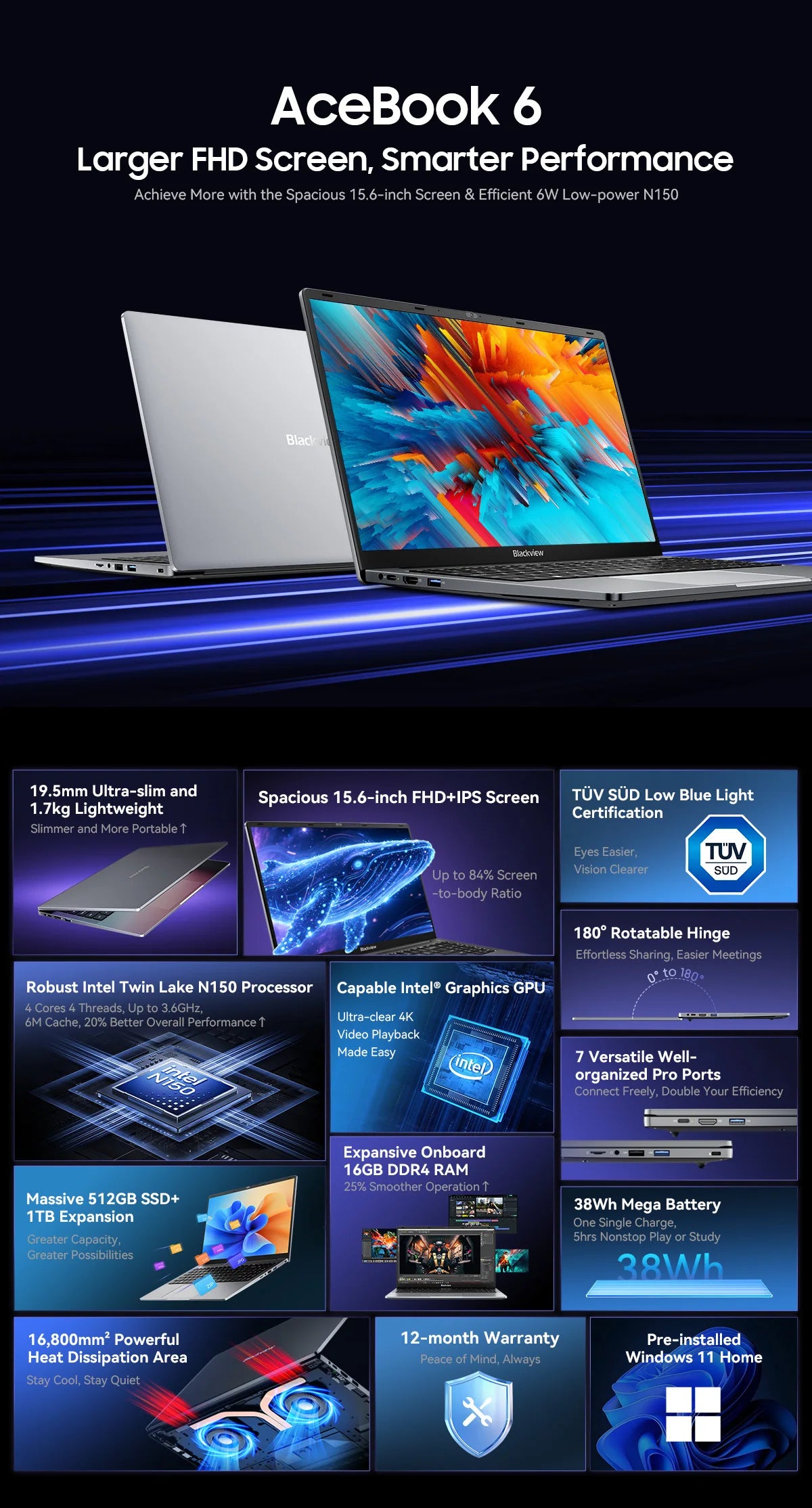 Blackview AceBook 6  Intel Twin Lake N150 15.6 Inch Laptop 16GB DDR4 512GB SSD Windows 11 Home 36Wh Battery