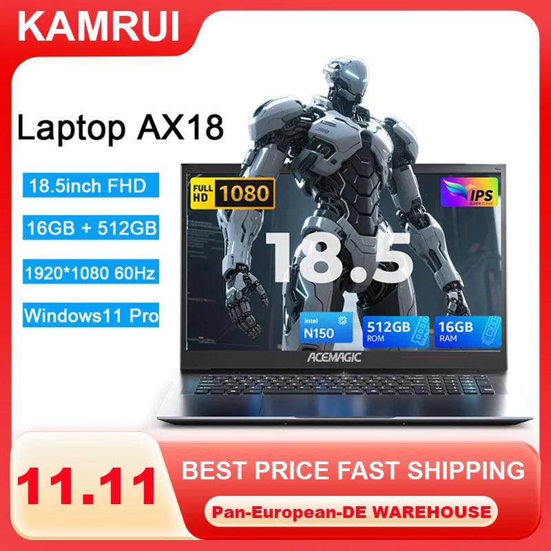 Kamrui Laptop Computer 18.5" FHD 8000mAh Intel N150 Quad-Core Windows 11 PRO 16GB DDR4 RAM 512GB SSD WiFi5 Desktop Notebook PC