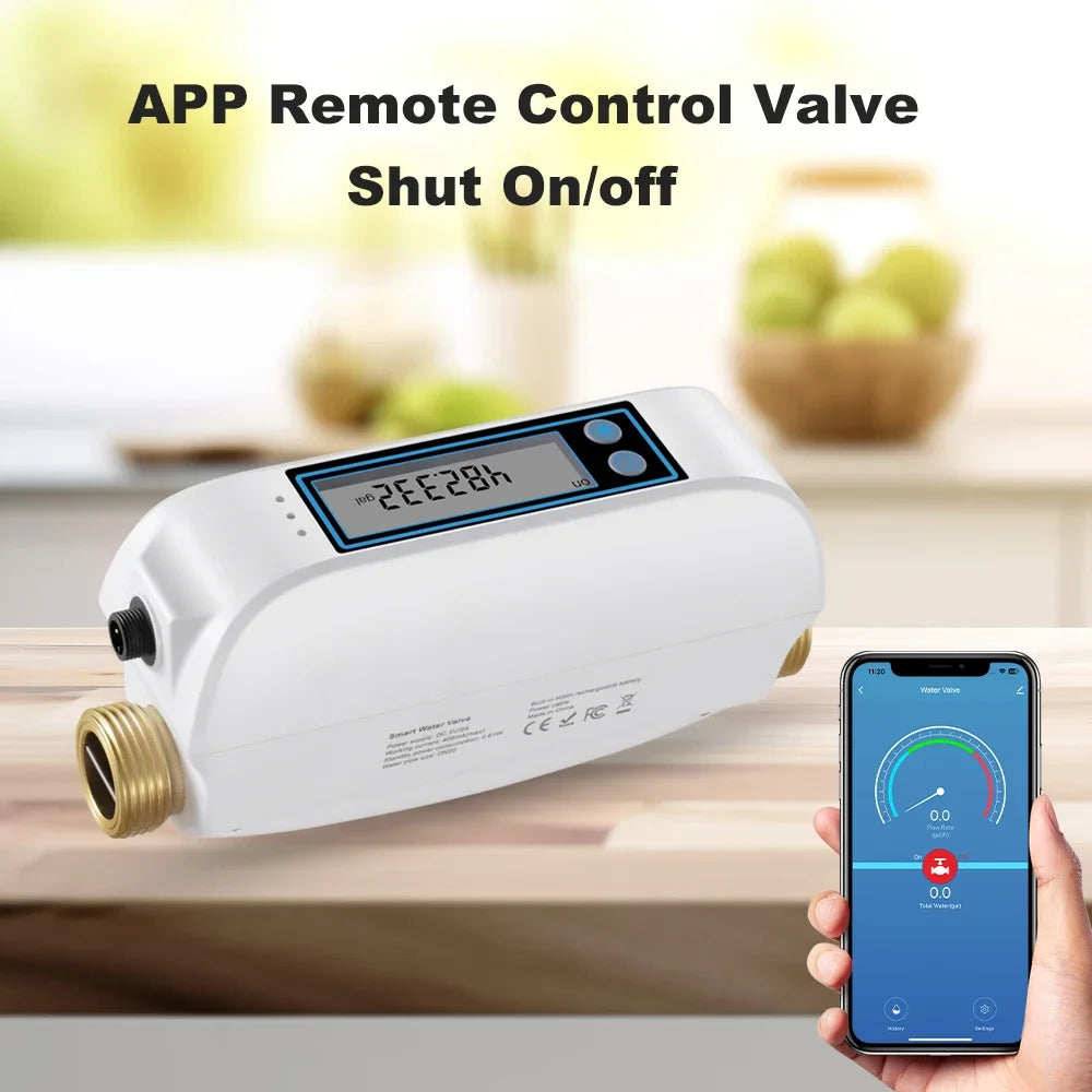 Haozee Tuya Smart WiFi Water Valve Shutoff Water Flow Meter Built in Rechargable Battery for DN20 3/4-Inch Diameter Pipe