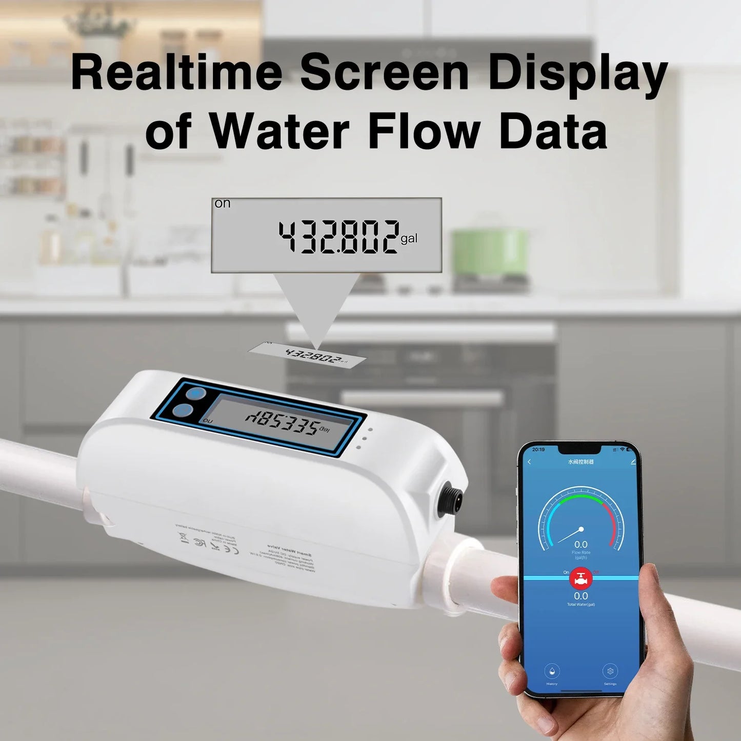 Haozee Tuya Smart WiFi Water Valve Shutoff Water Flow Meter Built in Rechargable Battery for DN20 3/4-Inch Diameter Pipe