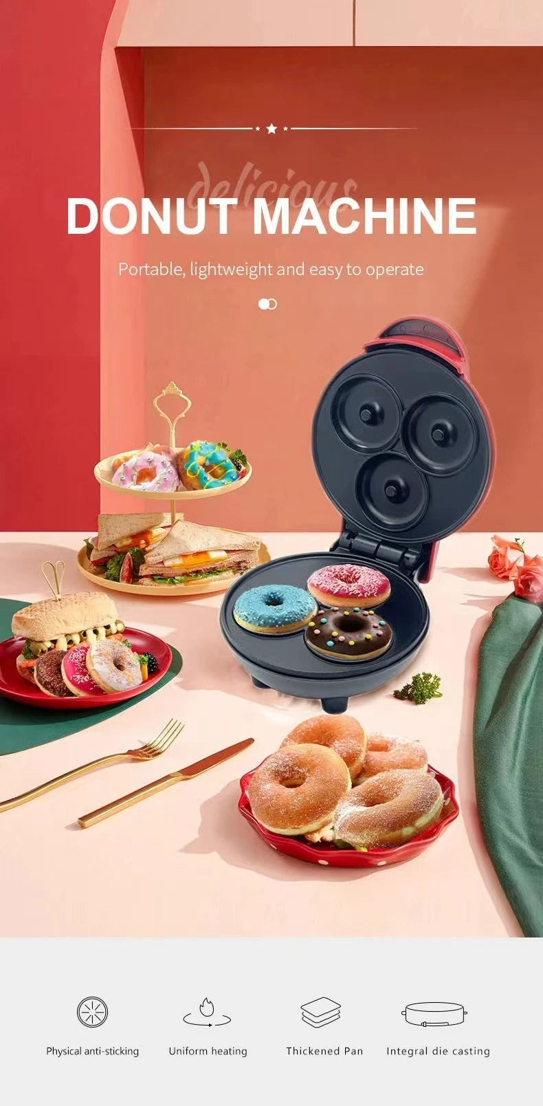 Home Sweet Donut Machine Breakfast Machine Internet Celebrity 3-Hole Cake Pancake Machine Light Food Machine Baking