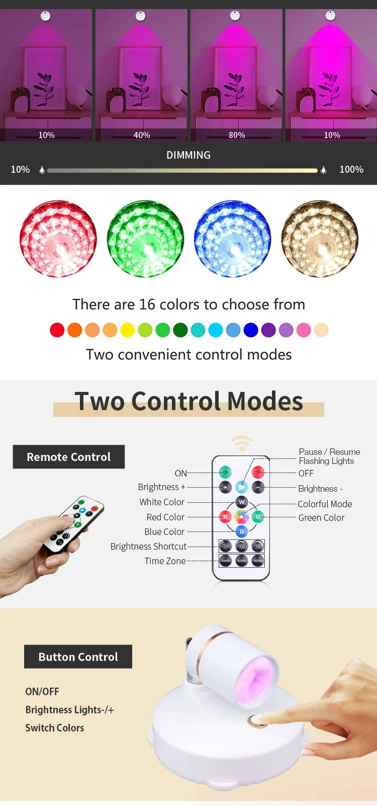 Indoor Wireless Led Spotlight Battery Powered Lights Wireless Wall Decoration Accent Light Mini RGB Spotlight For Lighting Home