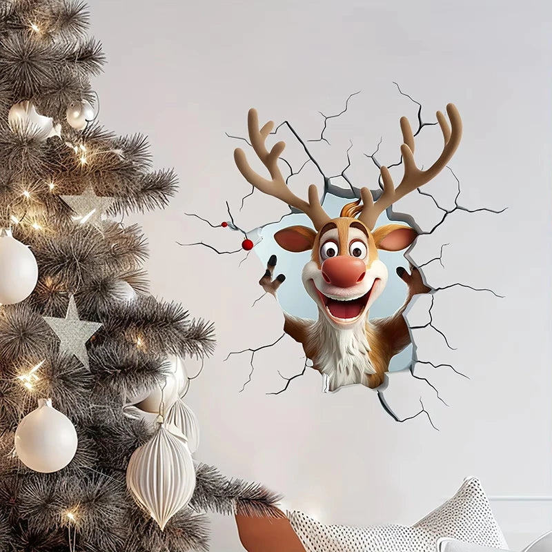 Reindeer Break-through Wall Decal, Vinyl Creative Christmas Wall Door Stickers, Removable Holiday Decor For Home Living Spaces