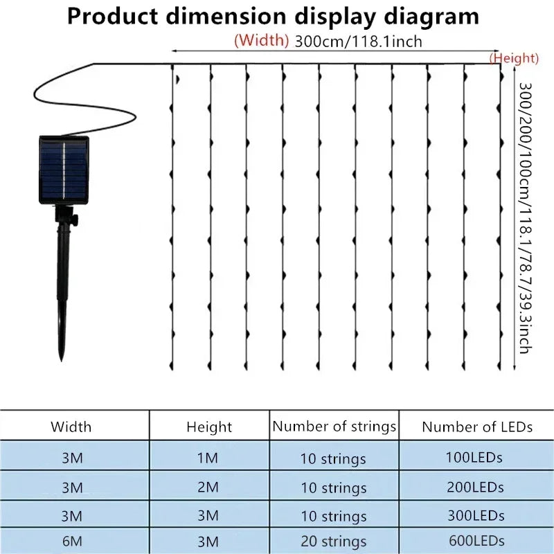 Curtain String Lights Solar Outdoor 8 Lighting Modes LED Light for Garden Wedding Christmas New Year Home Inner Court Decoration