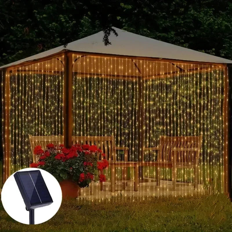 Curtain String Lights Solar Outdoor 8 Lighting Modes LED Light for Garden Wedding Christmas New Year Home Inner Court Decoration