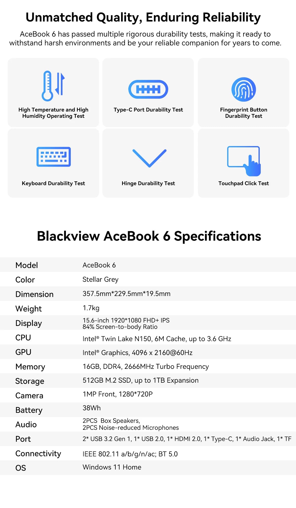 Blackview AceBook 6  Intel Twin Lake N150 15.6 Inch Laptop 16GB DDR4 512GB SSD Windows 11 Home 36Wh Battery