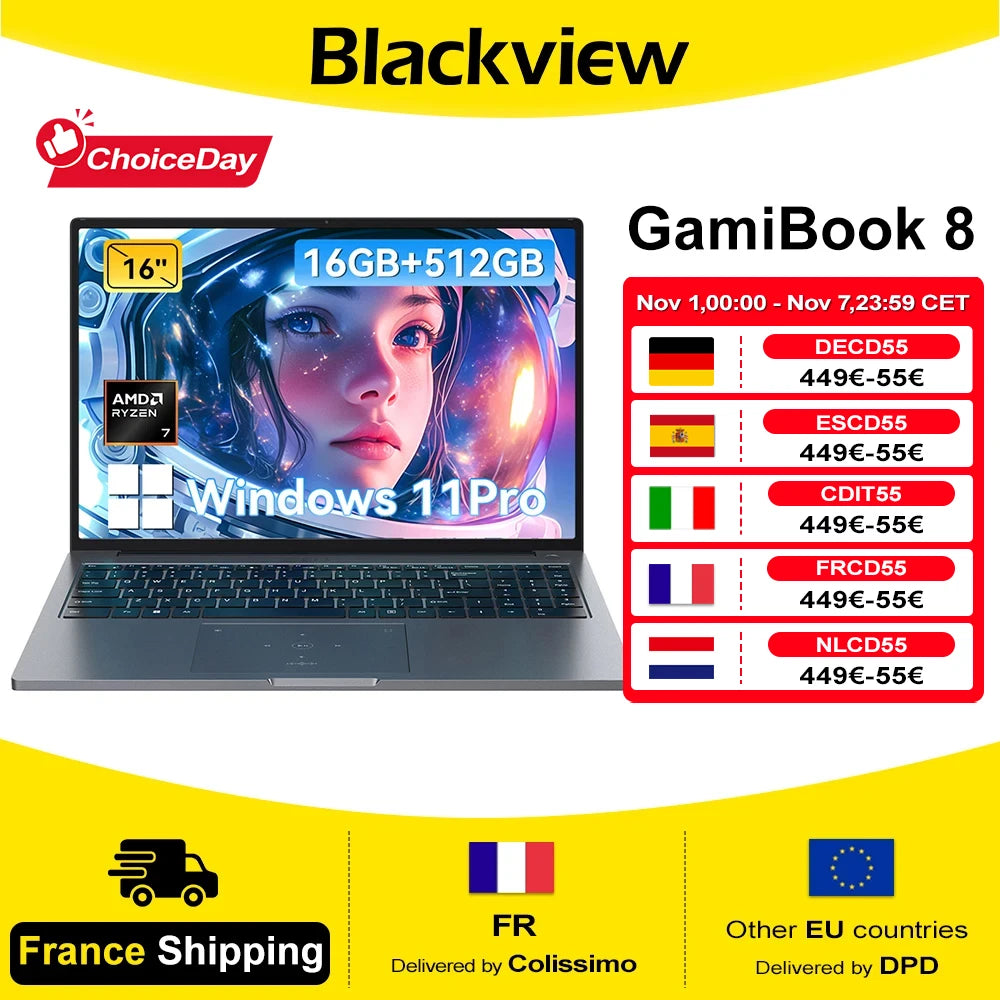 BLACKVIEW ‎GamiBook 8 AMD R7 7735HS 16" 16GB DDR5 512GB SSD 5000MAH Laptop  Windows 11 Pro 1920*1200  Backlit Keyboard 120Hz