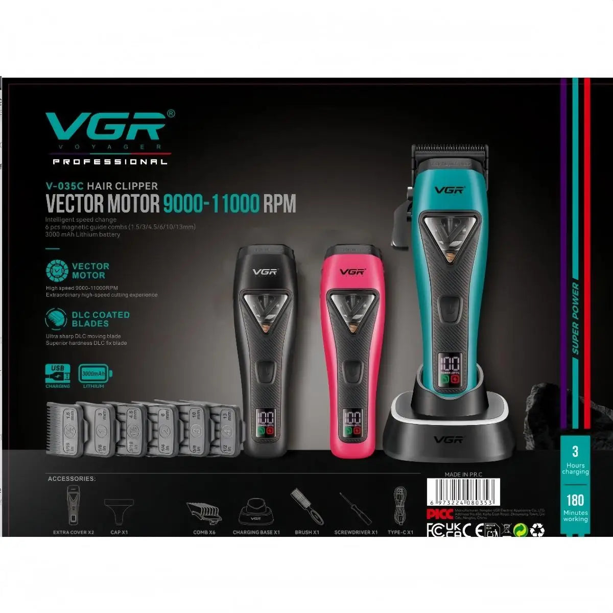 VGR Hair Clipper Professional Hair Cutting Machine Vector Motor 11000 RPM Barber Cordless Clippers Hair Trimmers for Men V-035C