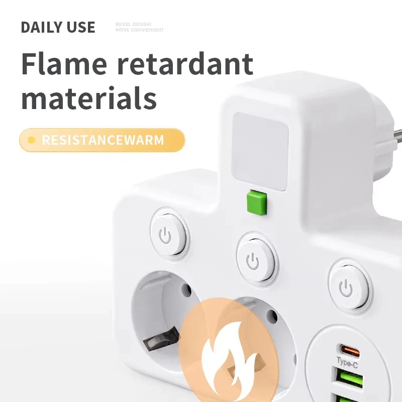 EU Plug Socket Adapter Wireless Wall Charger Power Strip with 4 AC Outlets +2 USB Ports+ 1 Type C 7-in-1 Plug Socket Adapter