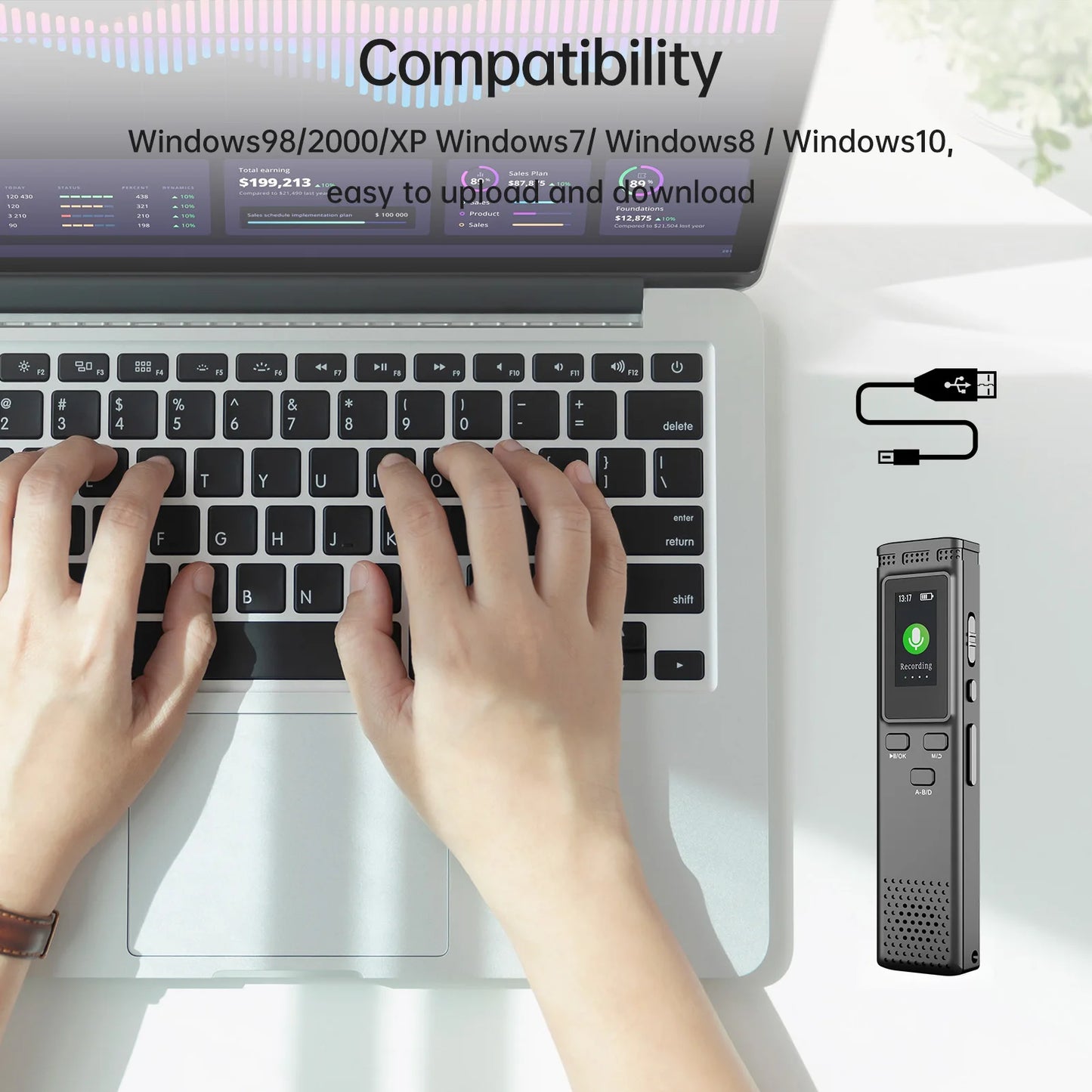 64GB/16GB/8GB Digital Voice Recorder Voice Activated Audio Recording Noise Reduction with Playback MP3 Music Player 288hrs