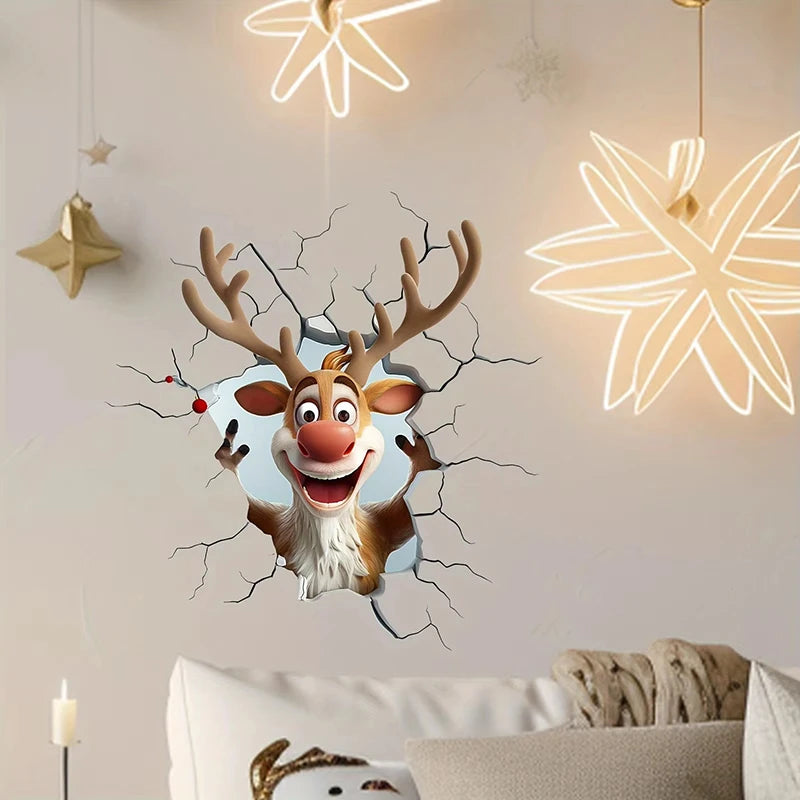 Reindeer Break-through Wall Decal, Vinyl Creative Christmas Wall Door Stickers, Removable Holiday Decor For Home Living Spaces