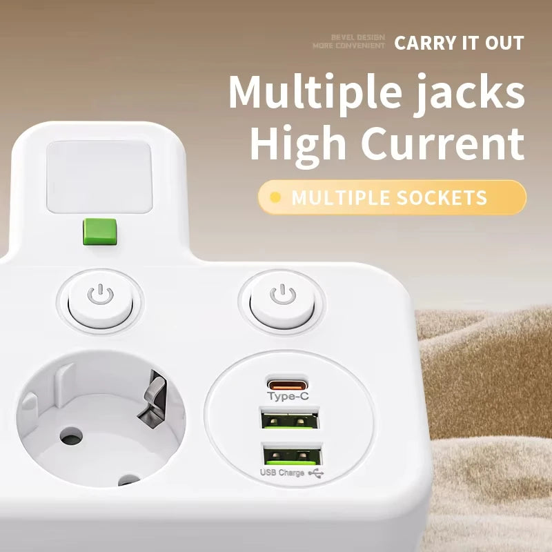 EU Plug Socket Adapter Wireless Wall Charger Power Strip with 4 AC Outlets +2 USB Ports+ 1 Type C 7-in-1 Plug Socket Adapter