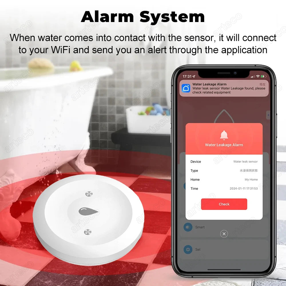 4Pcs ZigBee Water Leak Sensor Flood Water Detector Leakage Alarm For Kitchen/Bathroom Tuya Smart App Control Support Zigbee2MQTT