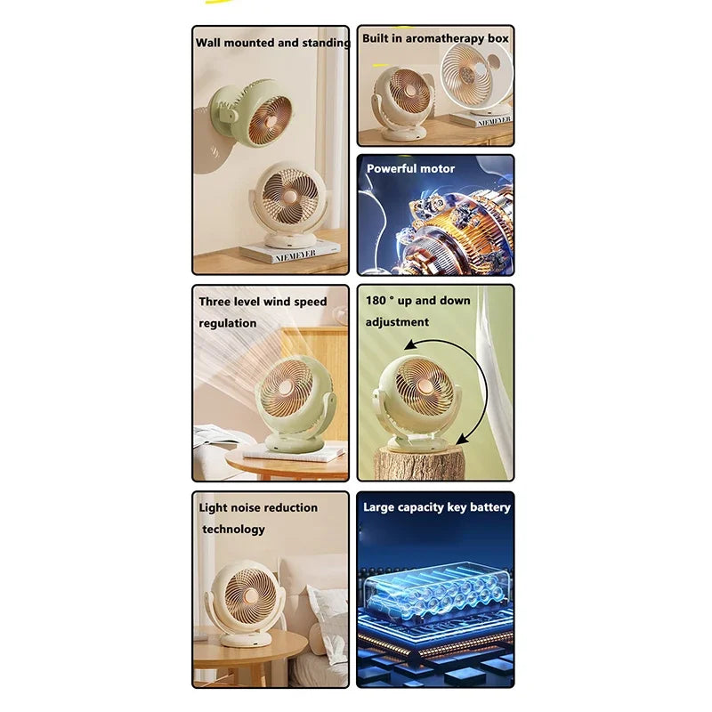 Mini Portable Fan Desktop Electric Fan Rotation Adjustable Angle Quiet Rechargeable Wireless Fan For Room Home Office Camping