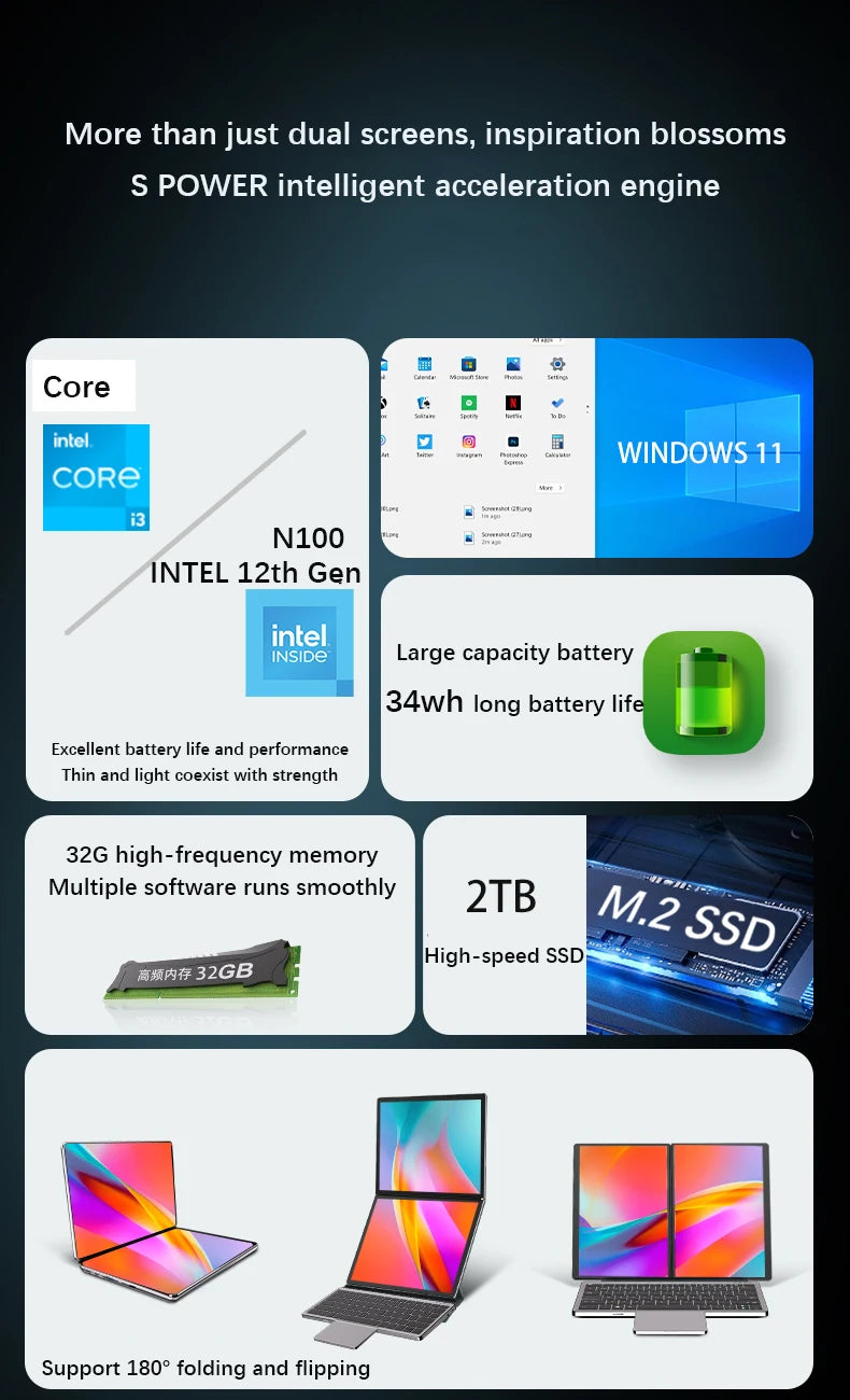 GLF-S2 Dual Screen Laptop 10.9+10.95 Inch Windows 11 Touchscreen Notebook Intel i3 1215U N100 WIFI 6 Laptop Tablet Computer