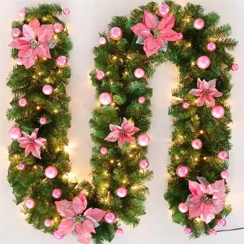2.7m Luxury Christmas LED Cane Wreath Decoration With Lanterns Green Artificial Christmas Tree Banner Party New Year's door Wrea