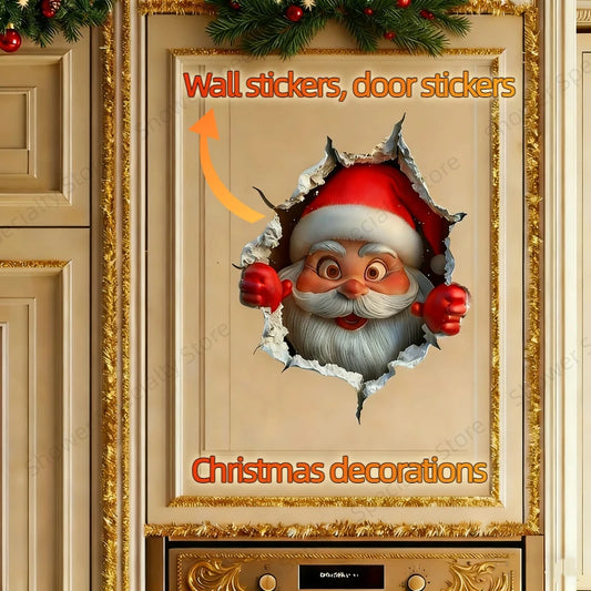 Reindeer Break-through Wall Decal, Vinyl Creative Christmas Wall Door Stickers, Removable Holiday Decor For Home Living Spaces