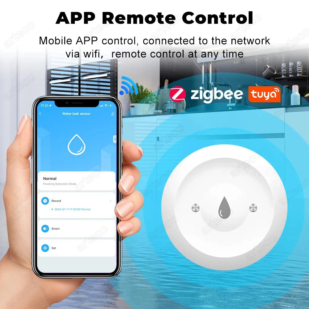 4Pcs ZigBee Water Leak Sensor Flood Water Detector Leakage Alarm For Kitchen/Bathroom Tuya Smart App Control Support Zigbee2MQTT