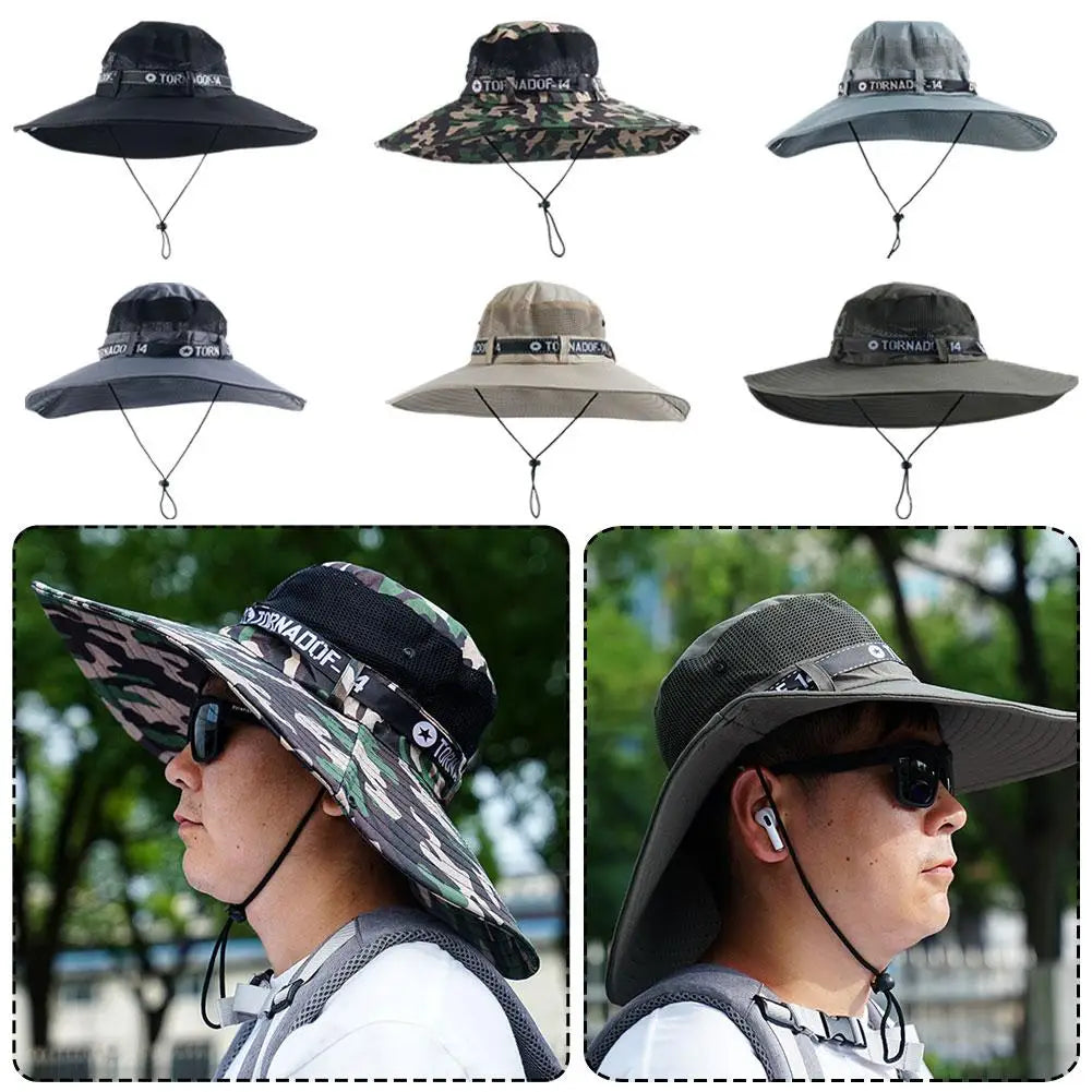 New Summer 15CM Large Brim Sun Hat Men Breathable Fishing Caps Sun UV Protection Mesh Fisherman Hat Hiking Outdoor Beach Cap